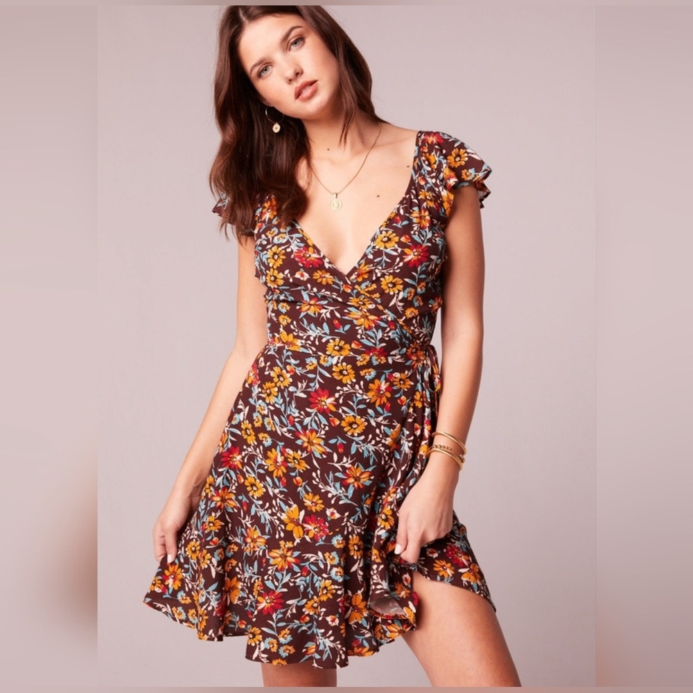 Band of the Free Brown Marigold Floral Print Wrap Mini Dress Size Small NWT